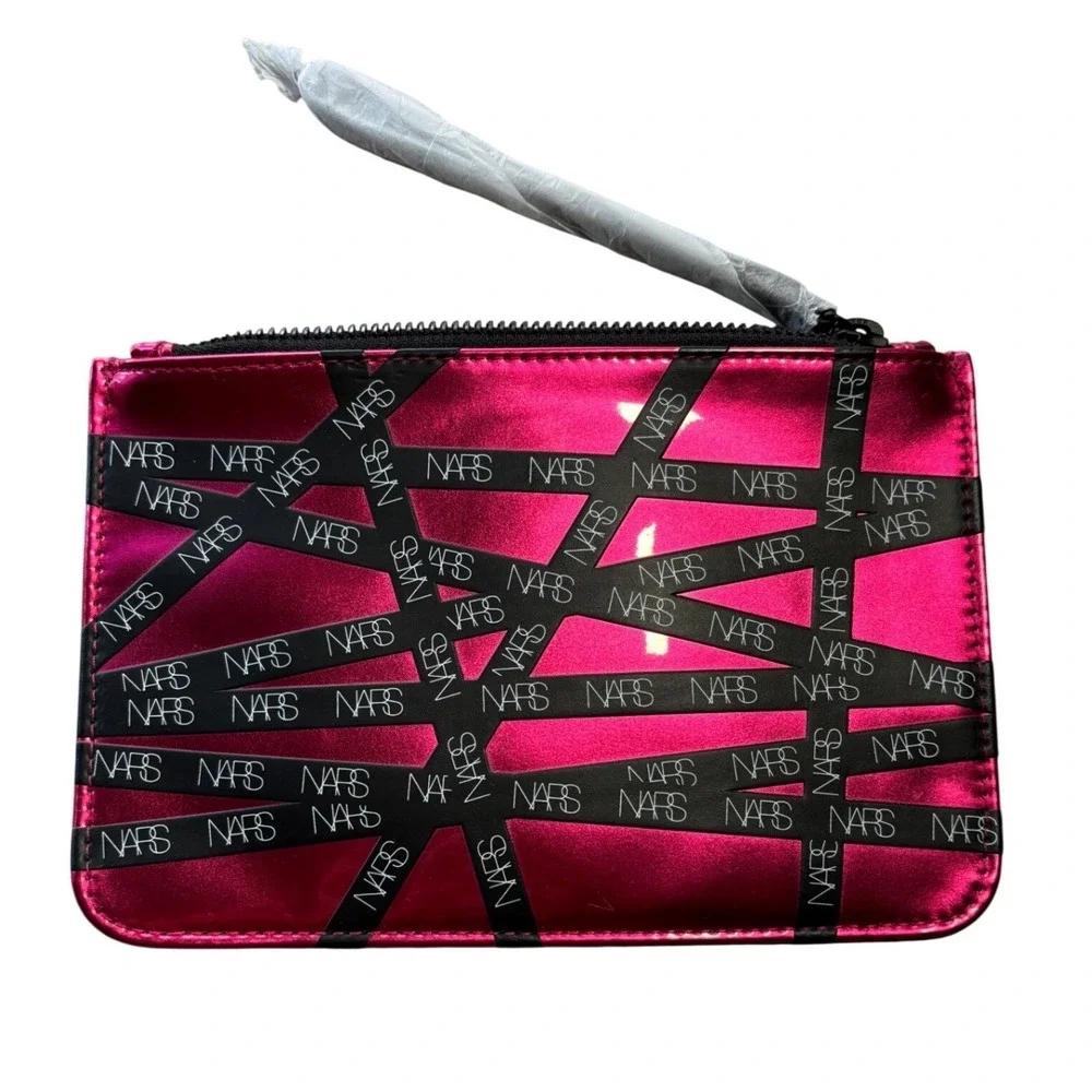 New NARS Metallic Fuchsia Pink Makeup Bag Black Ribbon Logo Print Cosmetic Pouch